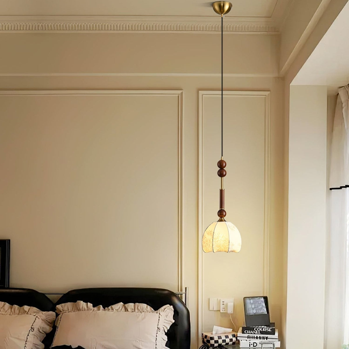Roma Pendant Lamp Vintage European Ceiling Light | Wood Brass Glass Fabric Design | E26 E27 Compatible | Dining Living Room Lighting