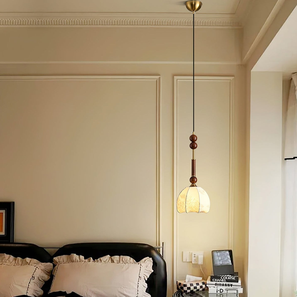 Roma Pendant Lamp Vintage European Ceiling Light | Wood Brass Glass Fabric Design | E26 E27 Compatible | Dining Living Room Lighting