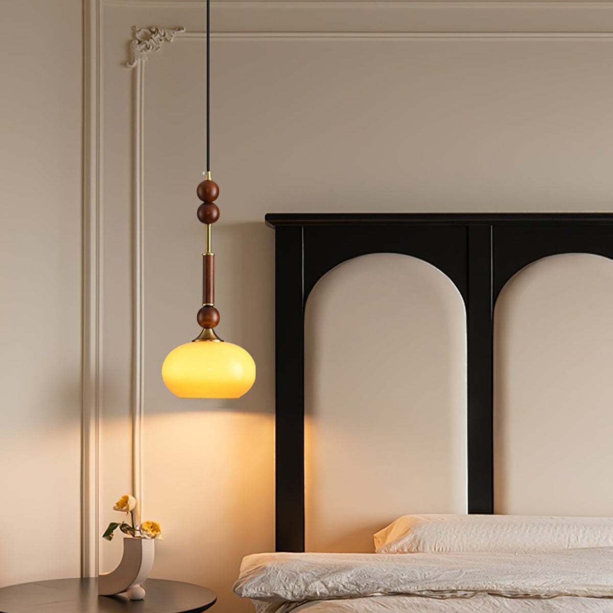 Roma Pendant Lamp Vintage European Ceiling Light | Wood Brass Glass Fabric Design | E26 E27 Compatible | Dining Living Room Lighting