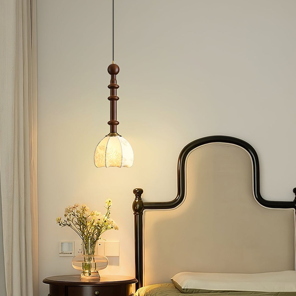Roma Pendant Lamp Vintage European Ceiling Light | Wood Brass Glass Fabric Design | E26 E27 Compatible | Dining Living Room Lighting