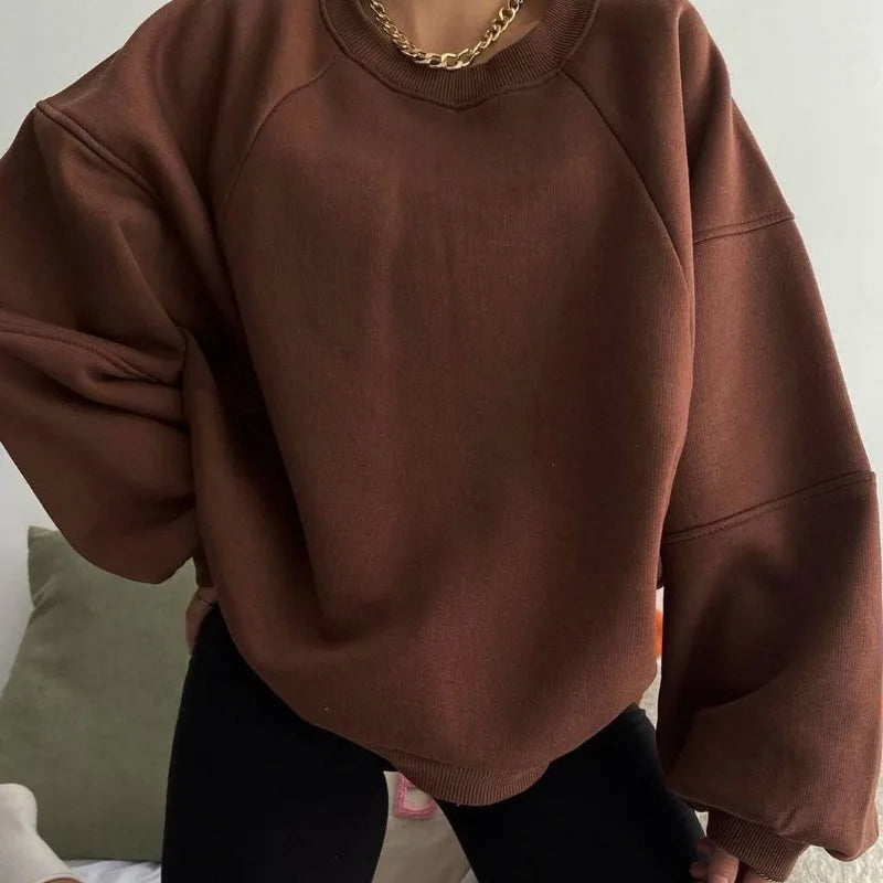 Women's Loose Fit Round Neck Sweater with Long Balloon Sleeves