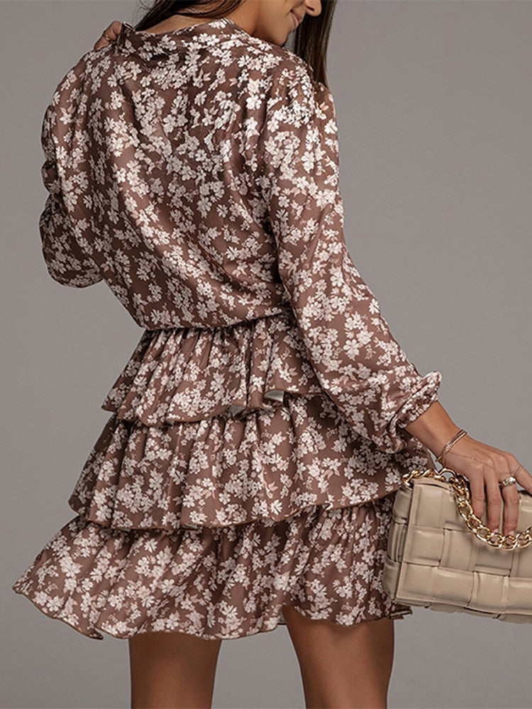 Patterned Dress with Ruffles and Long Sleeves