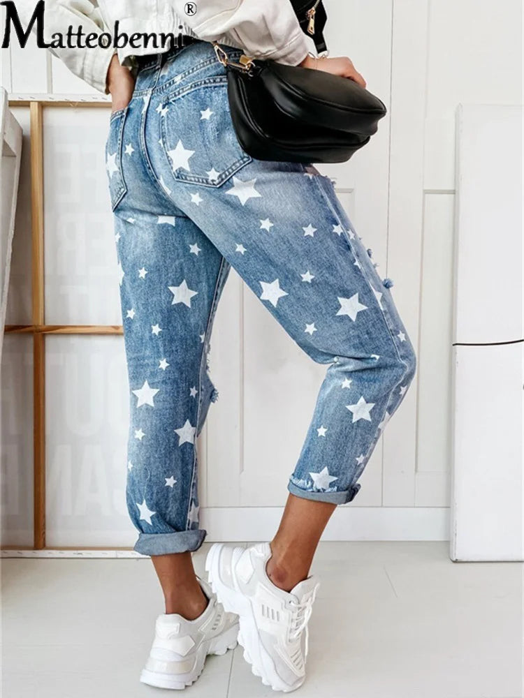 Women's Jeans with Star Pattern and Wear