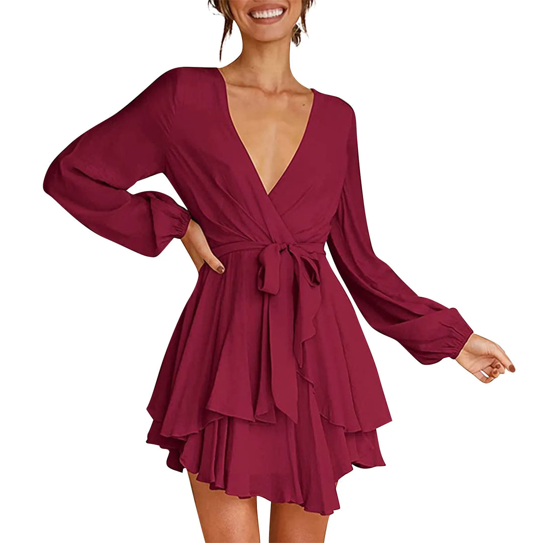 Women's elegant mini dress with ruffles and wrap neckline
