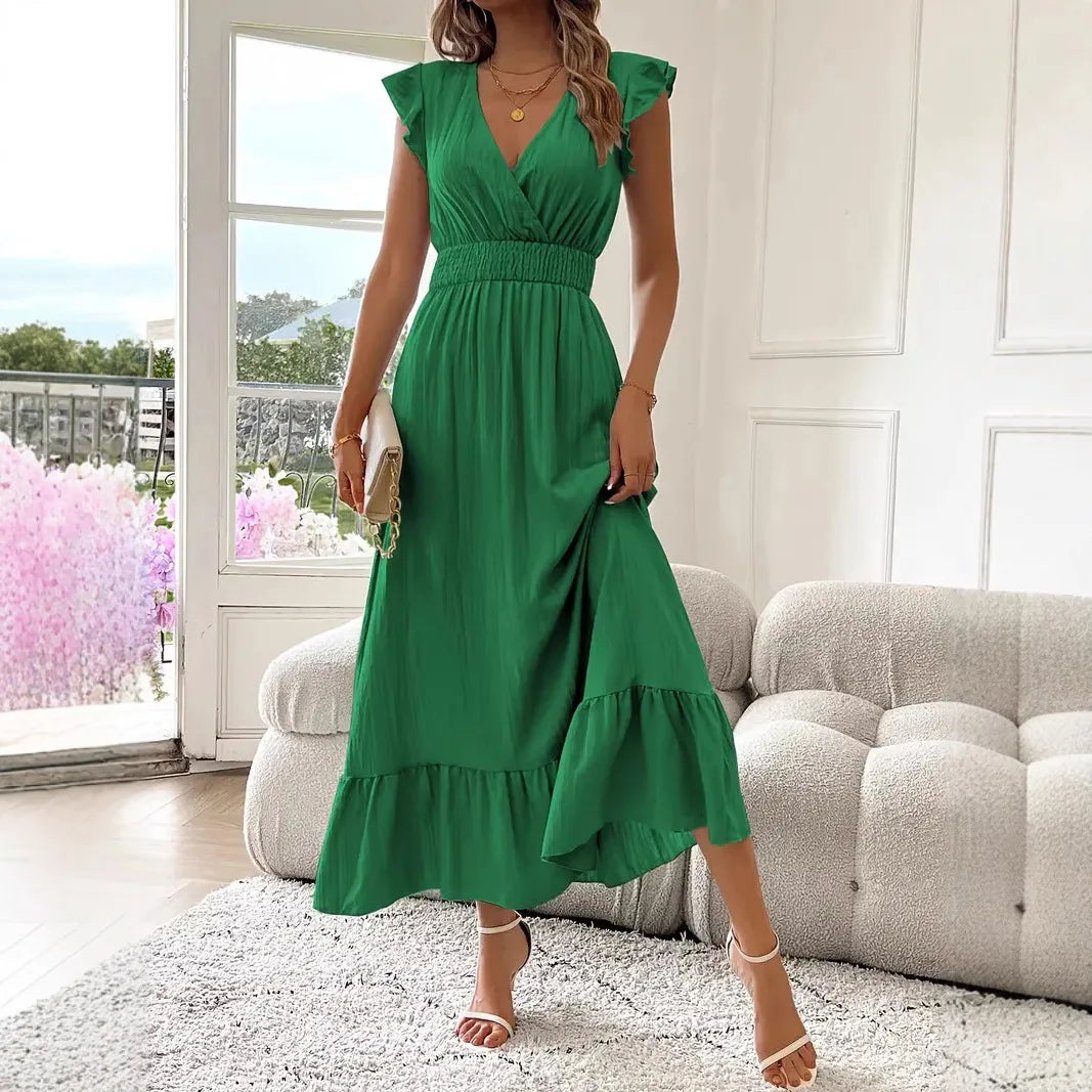 Women's long dress with ruffles and a wrap neckline