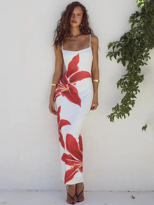 Women's Maxi Dress with Floral Print and Thin Shoulder Straps
