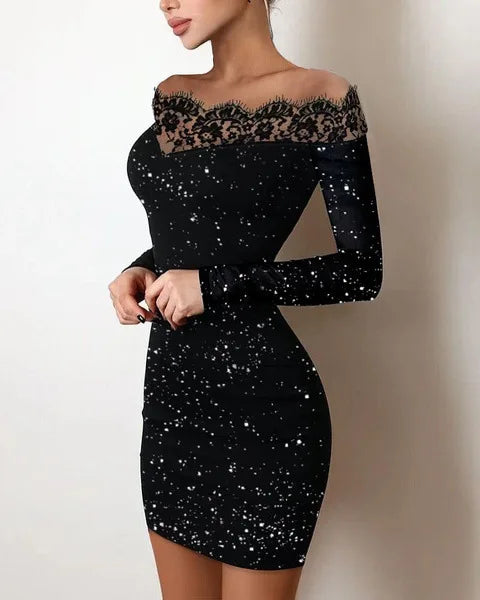 Mini evening dress with lace and glittering trim
