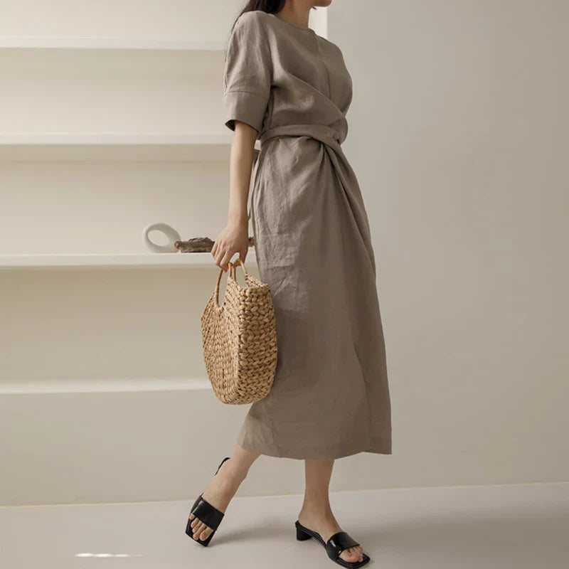 Women's midi linen dress with pleats at the waist