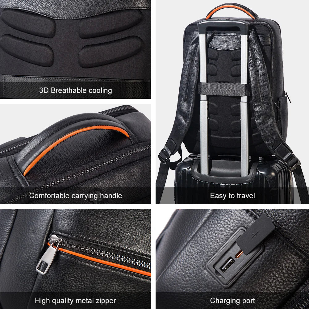 Cowhide Leather Laptop Backpack | Durable Business Backpack with USB Charging Port | Multifunctional Travel Bag