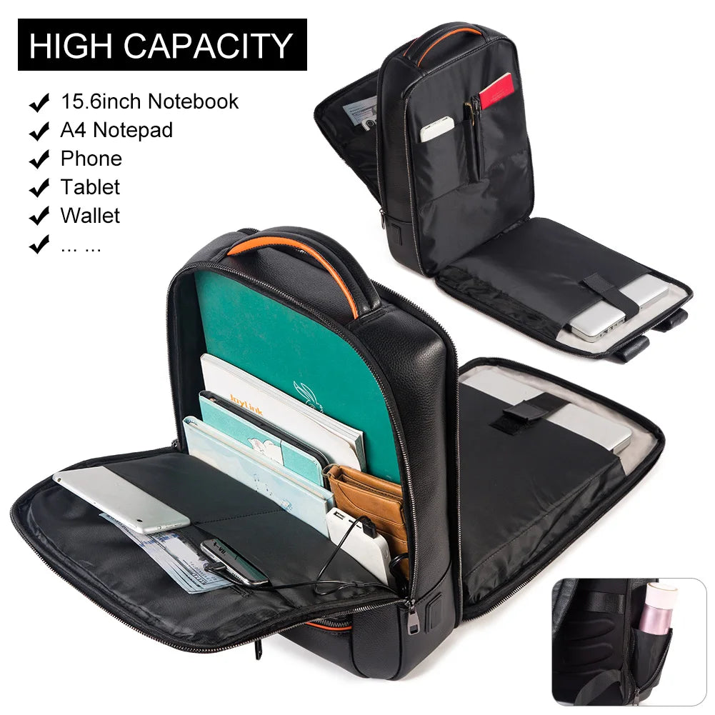 Cowhide Leather Laptop Backpack | Durable Business Backpack with USB Charging Port | Multifunctional Travel Bag