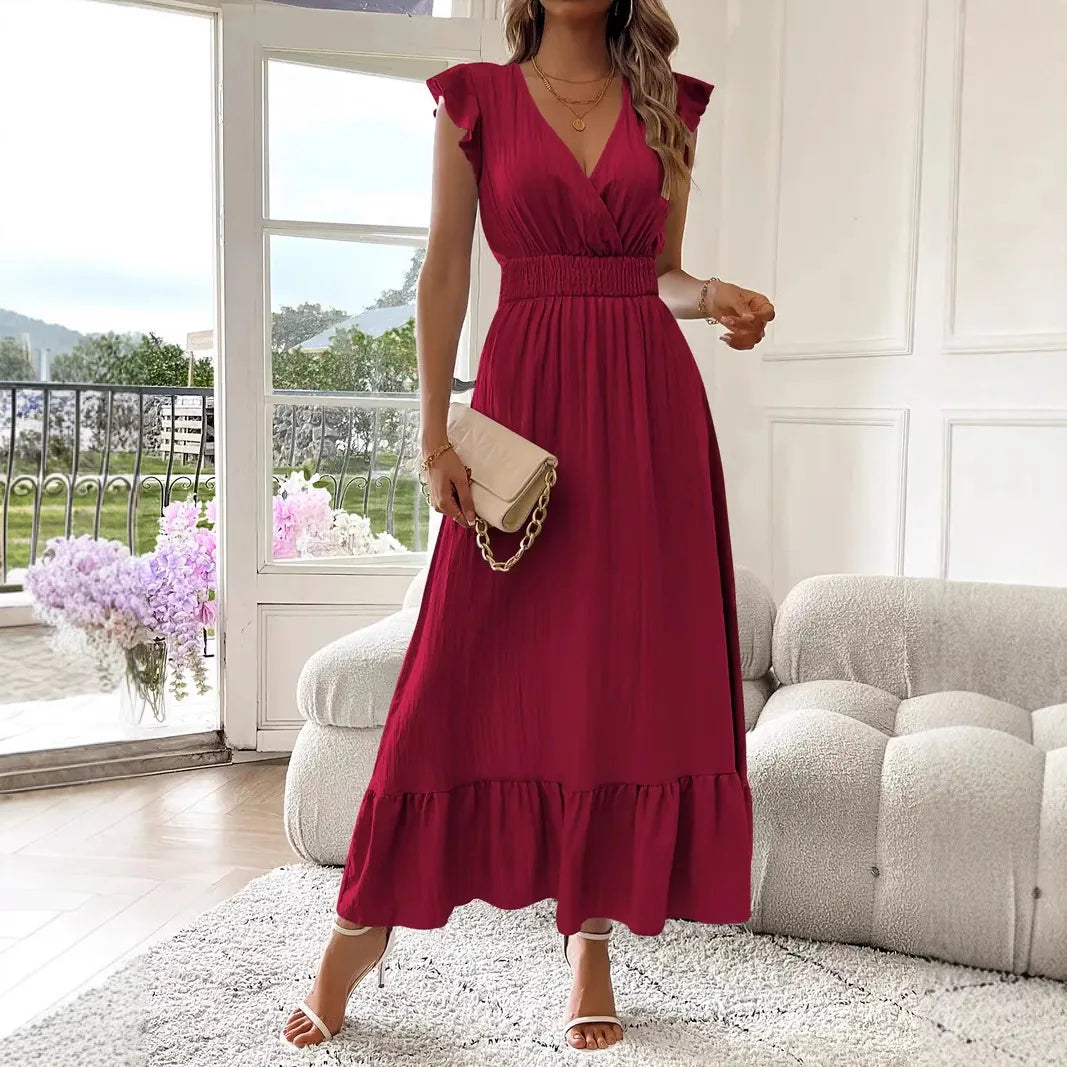 Women's long dress with ruffles and a wrap neckline