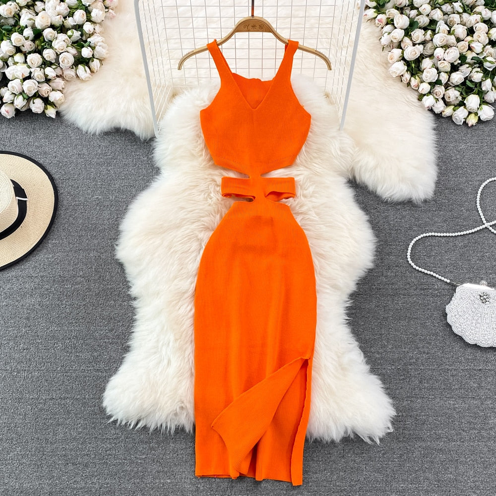 Modern Evening Dress with Cutouts and Decorative Bow