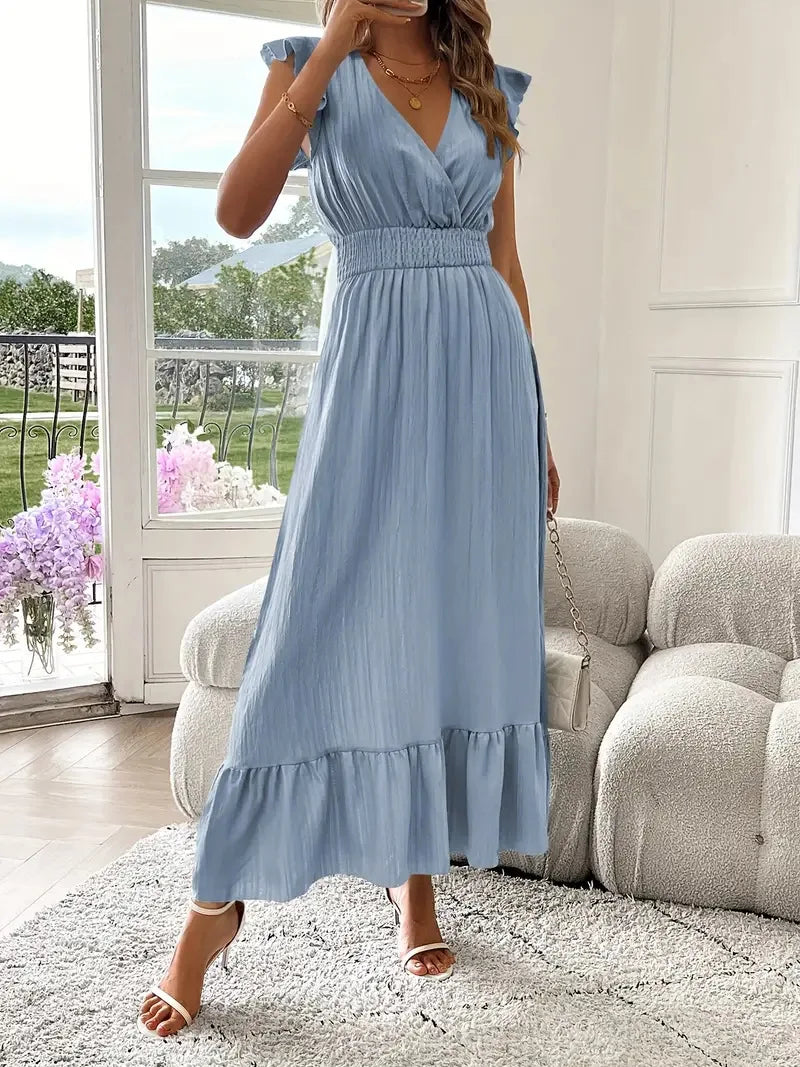 Women's long dress with ruffles and a wrap neckline