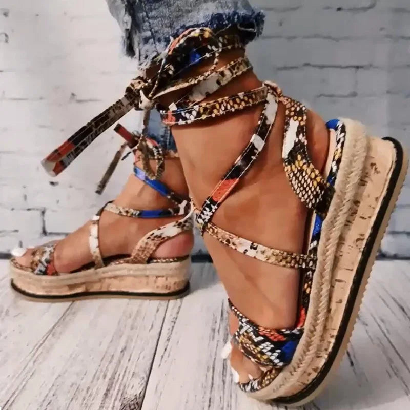 Women's Platform Sandals with Braided Sole and Lace-Up Closure