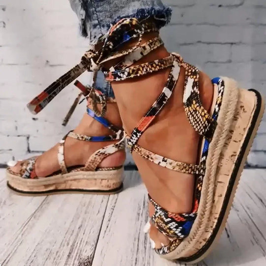 Women's Platform Sandals with Braided Sole and Lace-Up Closure