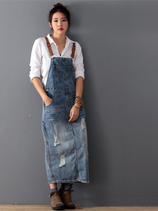 Jeans Dungaree Dress with Scuffs