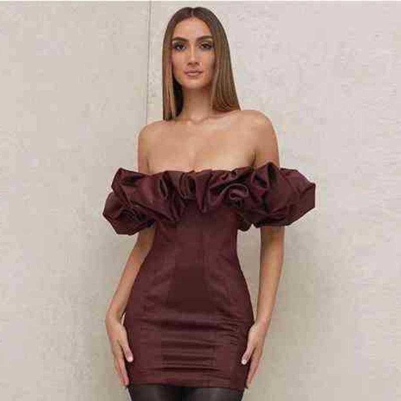 Dress with Bardot Neckline and Puff Sleeves