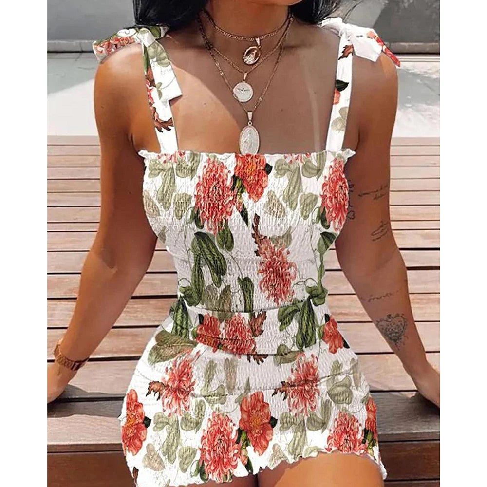Floral mini dress with ribbon straps