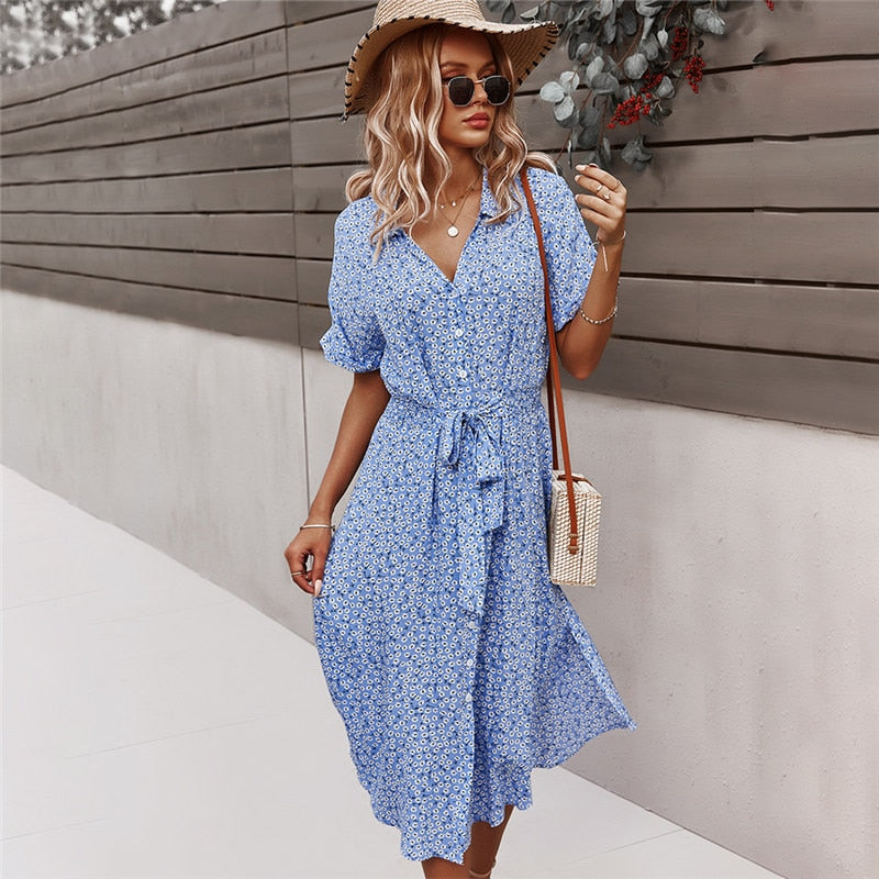 Floral Midi Dress with Bow and Asymmetric Bottom