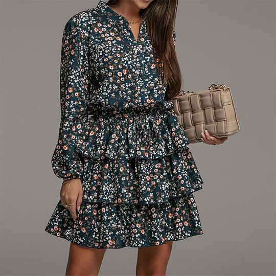 Patterned Dress with Ruffles and Long Sleeves