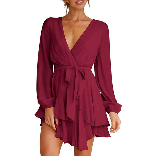 Women's elegant mini dress with ruffles and wrap neckline