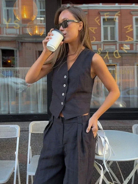 Women | Linen Set | Sleeveless Vest | Long Pants | Elegant | Chic | Comfortable