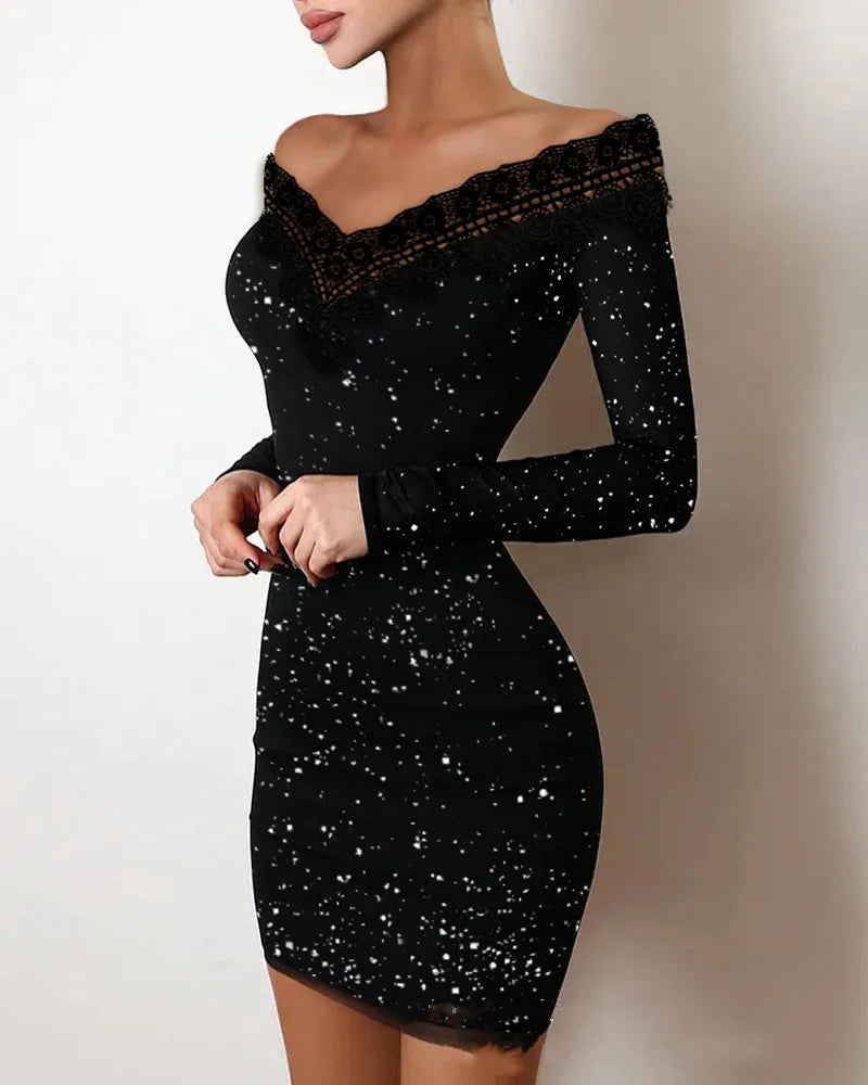 Mini evening dress with lace and glittering trim