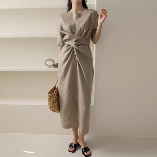 Women's midi linen dress with pleats at the waist