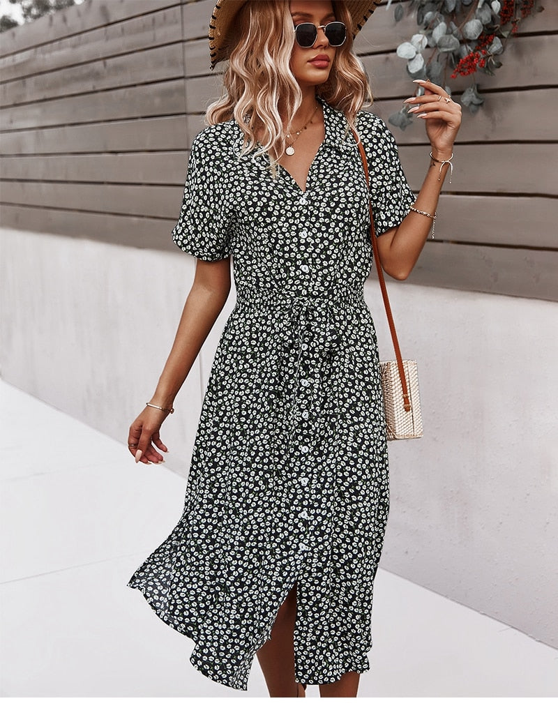Floral Midi Dress with Bow and Asymmetric Bottom