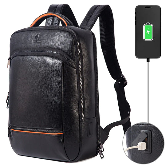 Cowhide Leather Laptop Backpack | Durable Business Backpack with USB Charging Port | Multifunctional Travel Bag