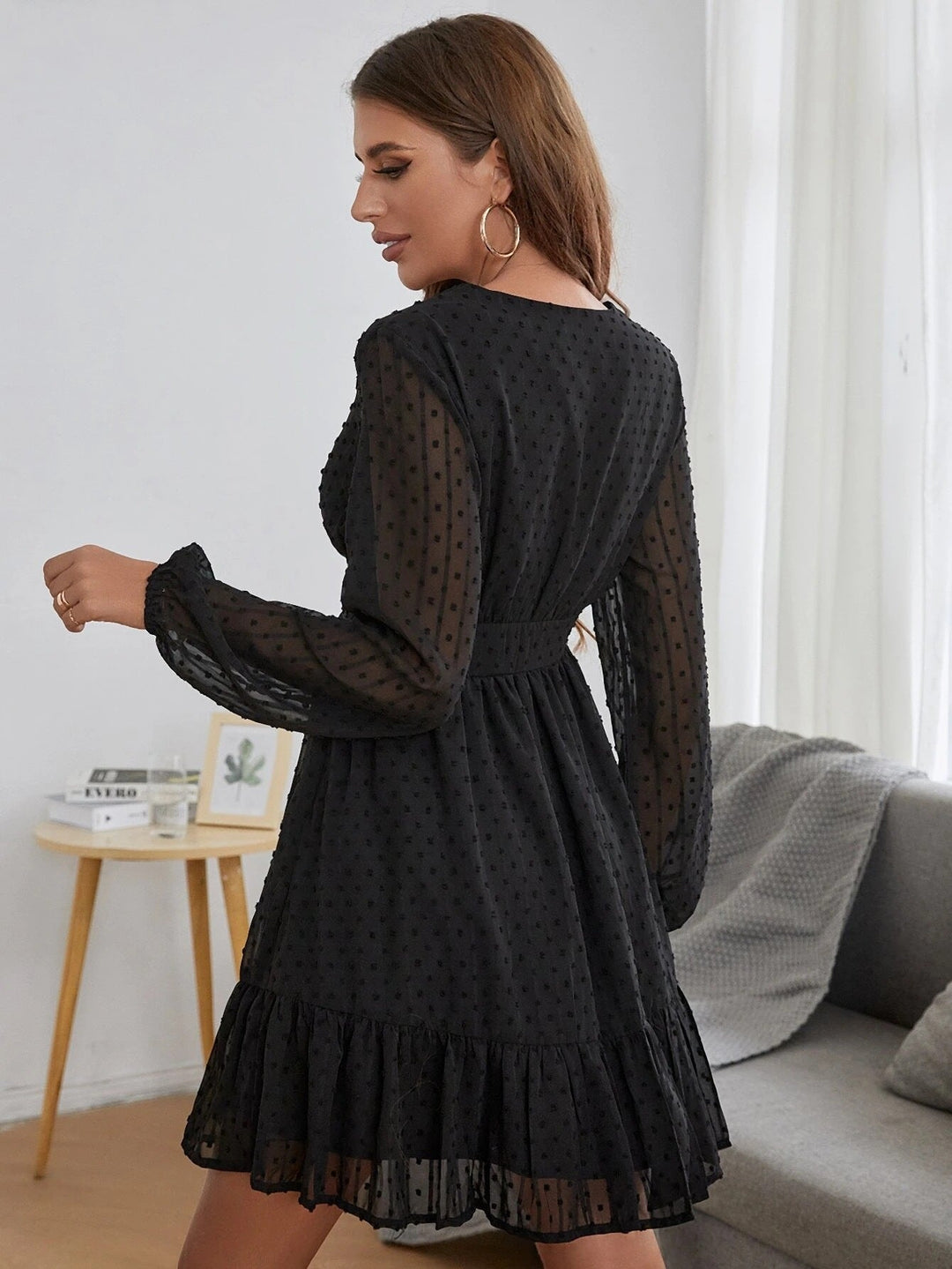 Dress with Long, Sheer Sleeves and Ruffles
