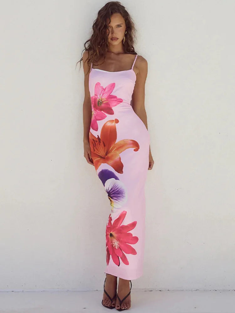 Women's Maxi Dress with Floral Print and Thin Shoulder Straps