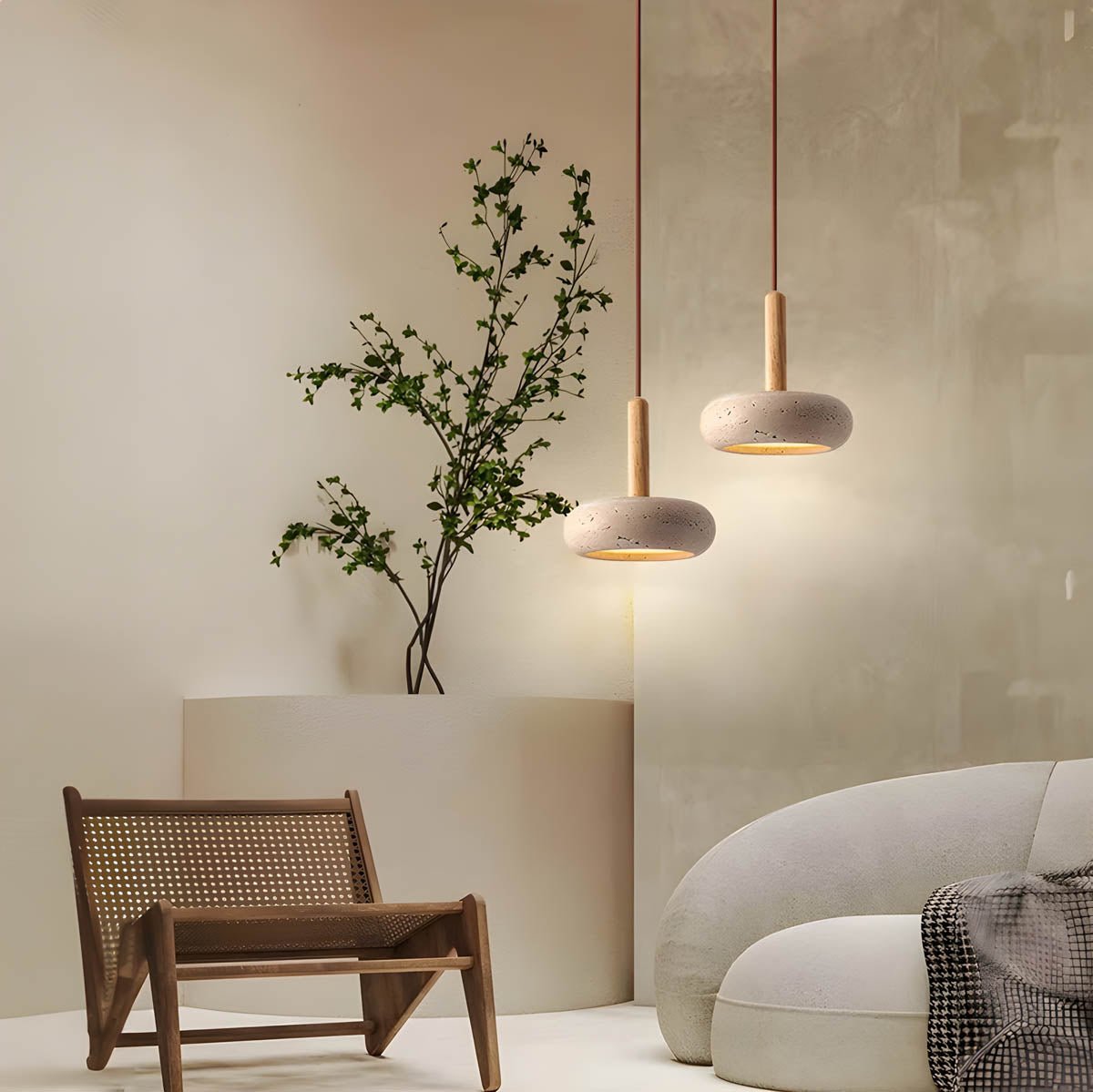 Wabi Sabi Hanging Pendant Lamp Natural Travertine Stone Light | Minimalist Organic Ceiling Lighting | LED Included