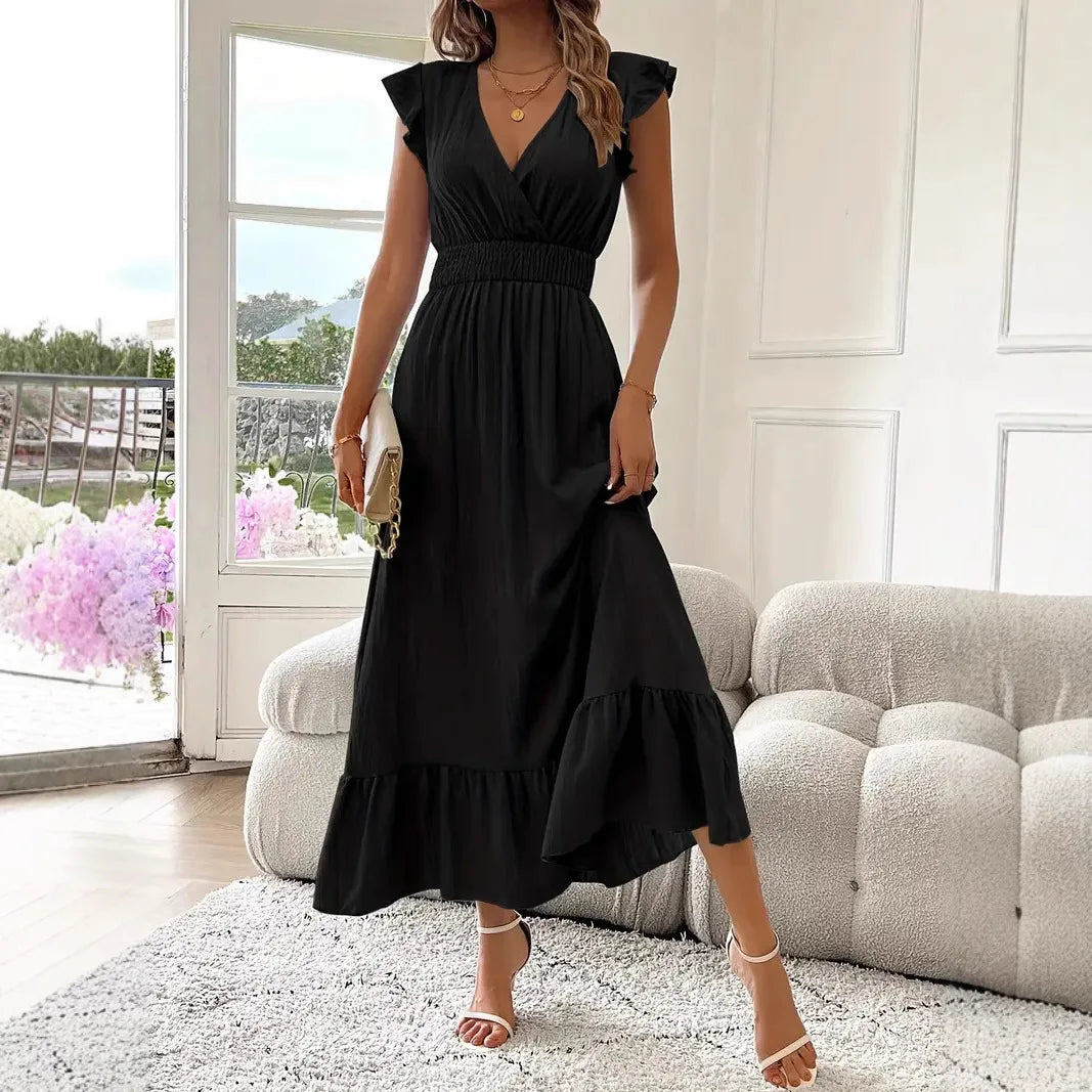 Women's long dress with ruffles and a wrap neckline