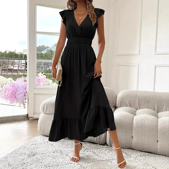 Women's long dress with ruffles and a wrap neckline