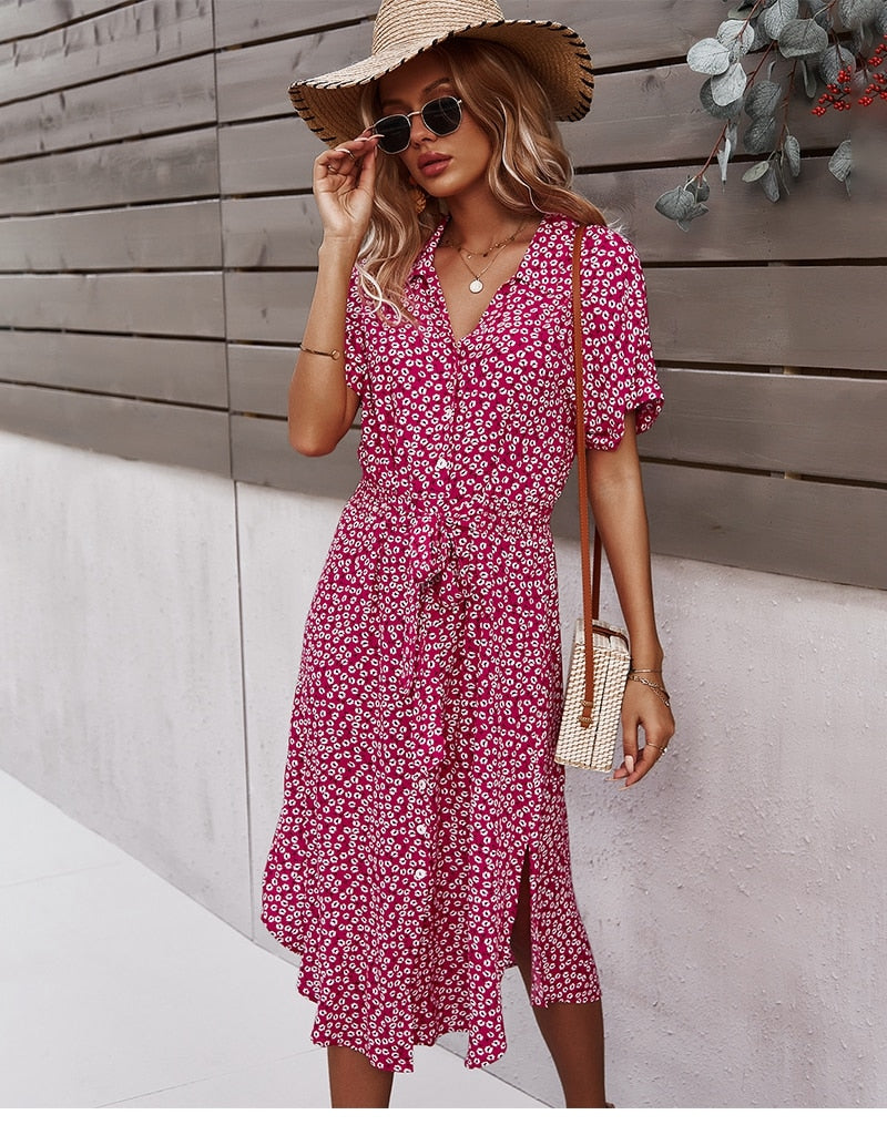 Floral Midi Dress with Bow and Asymmetric Bottom