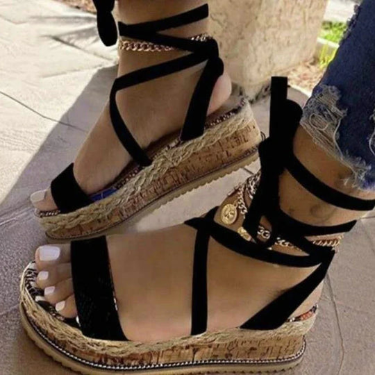 Women's Platform Sandals with Braided Sole and Lace-Up Closure