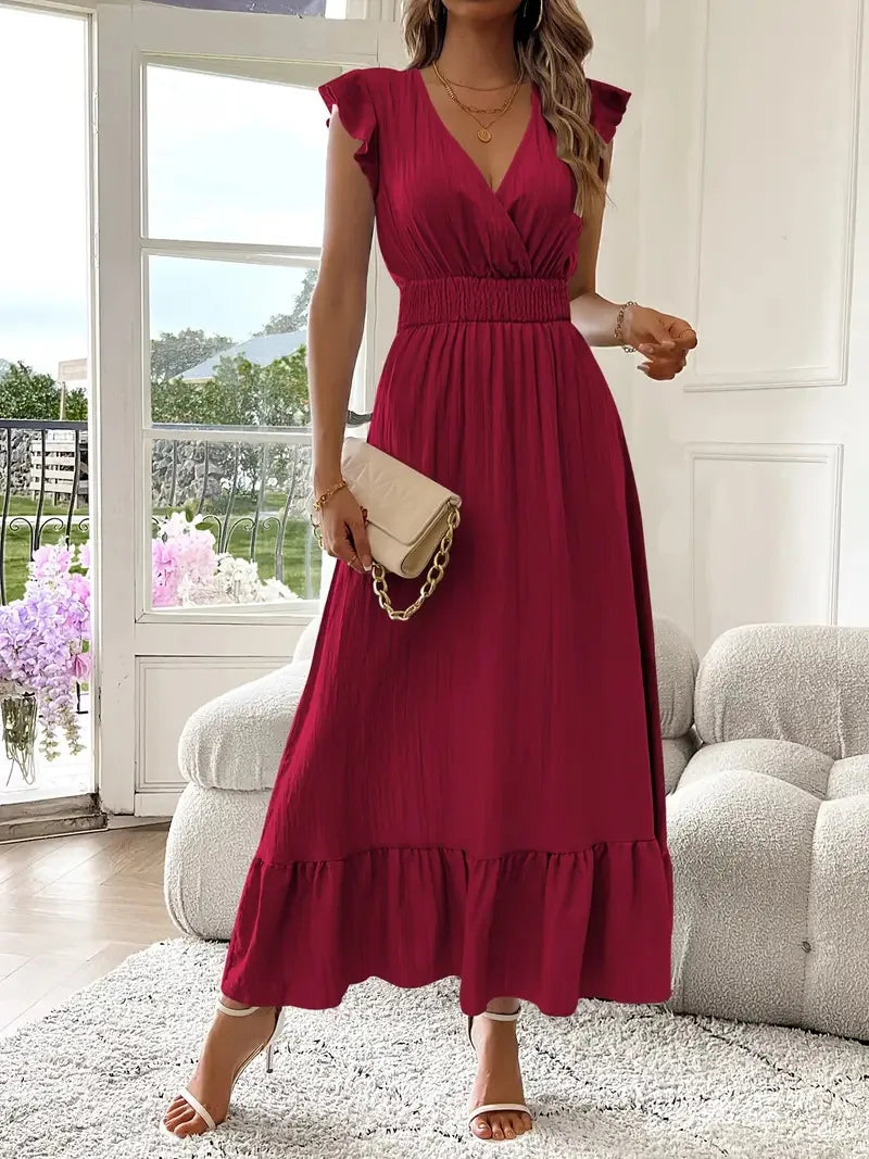 Women's long dress with ruffles and a wrap neckline