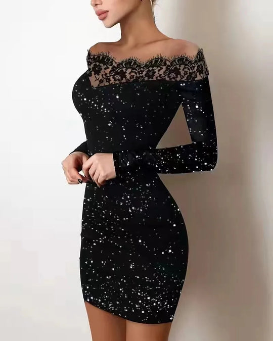 Mini evening dress with lace and glittering trim