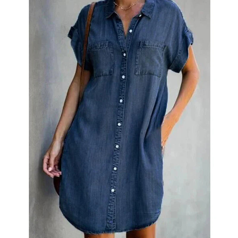 Women's Short Sleeve Denim Dress with Pockets