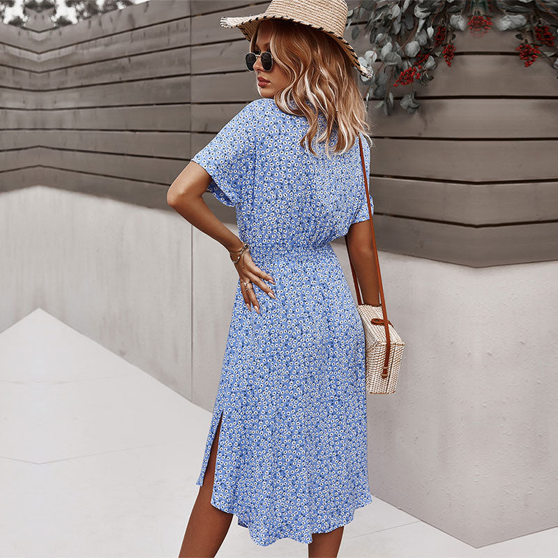 Floral Midi Dress with Bow and Asymmetric Bottom