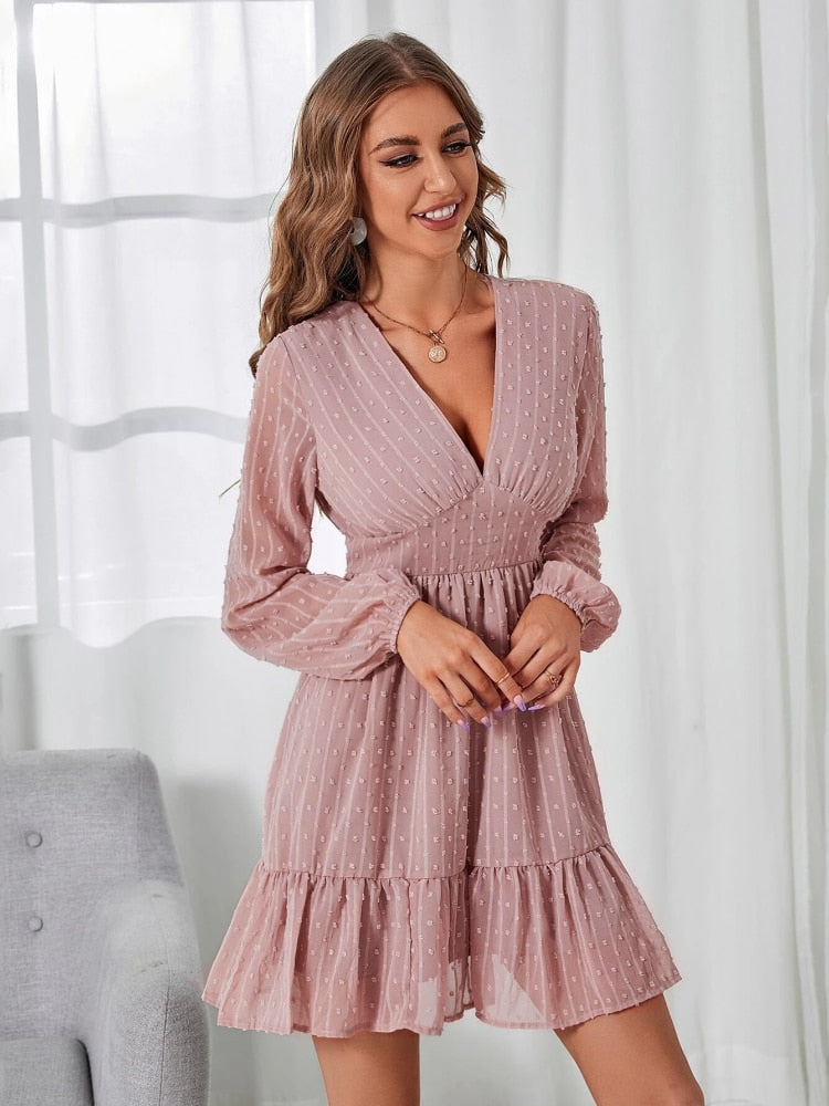 Dress with Long, Sheer Sleeves and Ruffles