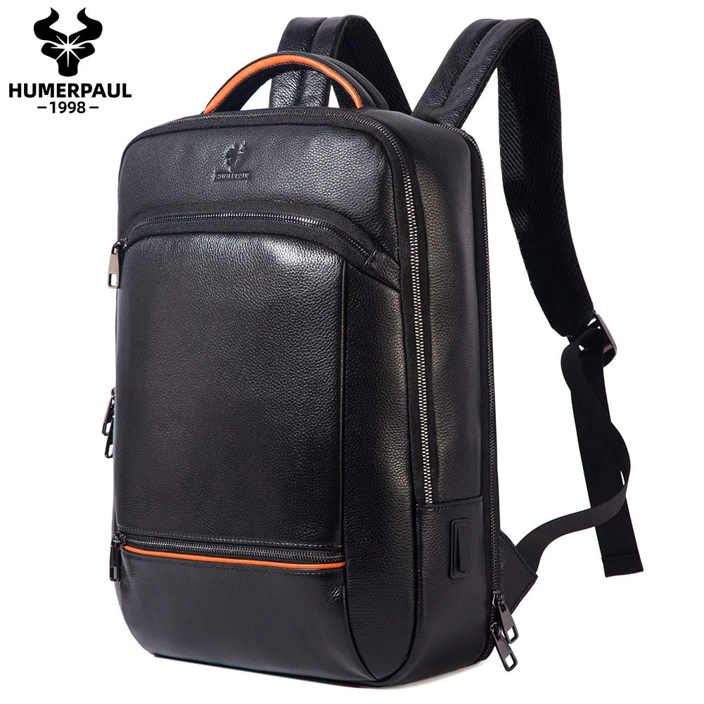Cowhide Leather Laptop Backpack | Durable Business Backpack with USB Charging Port | Multifunctional Travel Bag