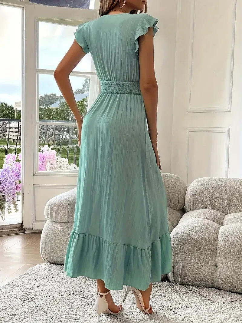 Women's long dress with ruffles and a wrap neckline