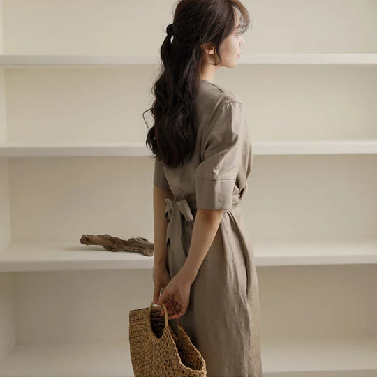 Women's midi linen dress with pleats at the waist