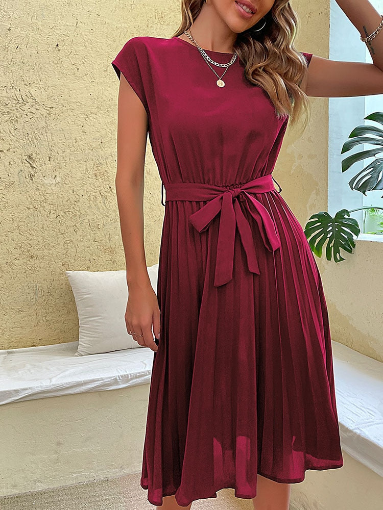 Pleated Dress with Belt and Short Sleeves