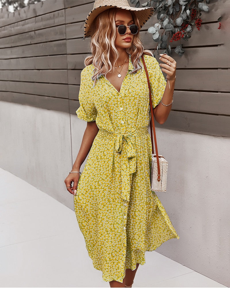 Floral Midi Dress with Bow and Asymmetric Bottom