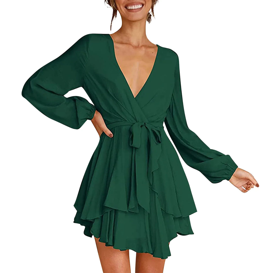Women's elegant mini dress with ruffles and wrap neckline