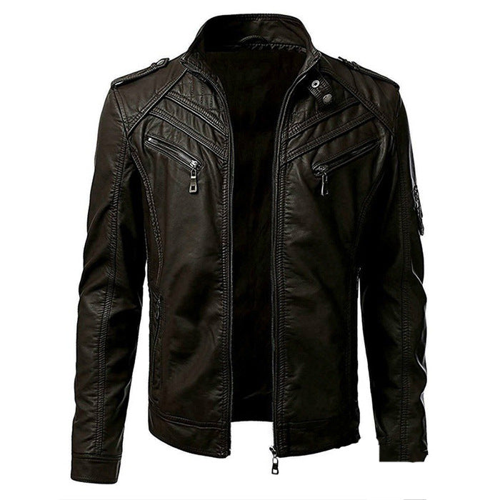 Men's Slim Fit Leather Jacket | With Zip Pockets and Stand-Up Collar | Modern and Structured Fit