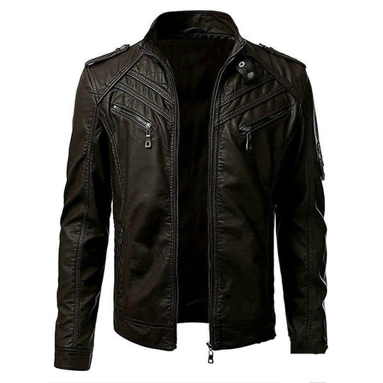 Men's Slim Fit Leather Jacket | With Zip Pockets and Stand-Up Collar | Modern and Structured Fit